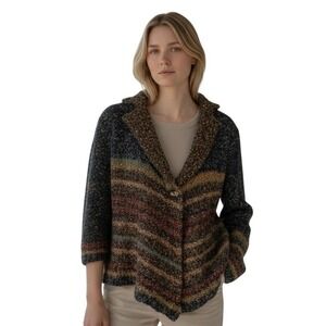 Curio New York Cardigan Sweater Women's Brown Shades Knit Button Stripes Nature